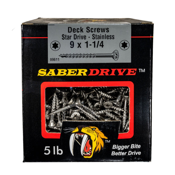 9 x 1-1/4" Star Drive Stainless Steel Deck Saberdrive Screws 5 lb. Box (943 pcs.)
