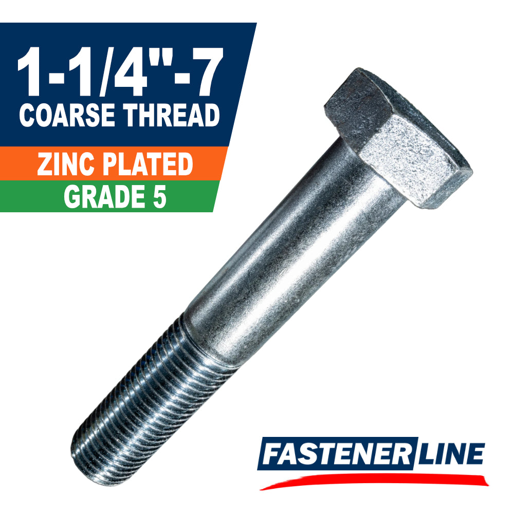 1-1/4"-7 Zinc Grade 5 Steel Coarse Thread Hex Bolt Cap Screws