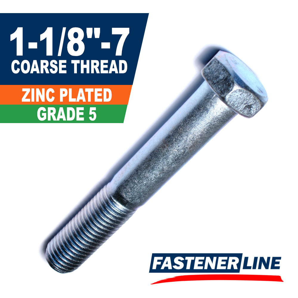 1-1/8"-7 Zinc Plated Grade 5 Coarse Hex Bolt Cap Screws (2 pcs.)