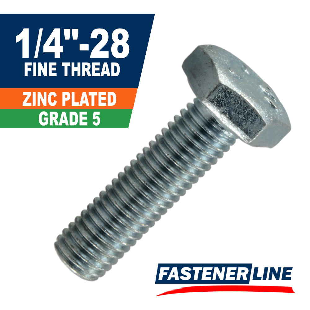 1/4"-28 Zinc Grade 5 Steel Fine Thread Hex Bolt Cap Screws