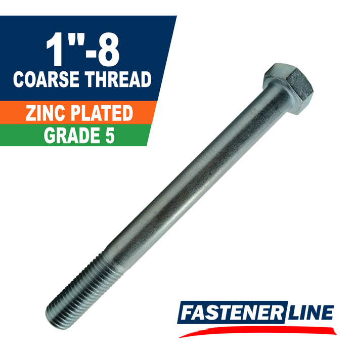 1"-8 Zinc Grade 5 Steel Coarse Thread Hex Bolt Cap Screws