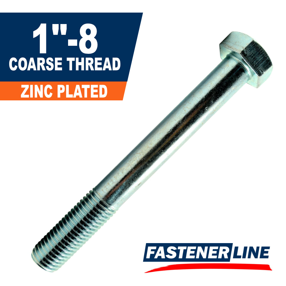 1"-8 Zinc Plated Steel Coarse Thread Hex Bolts