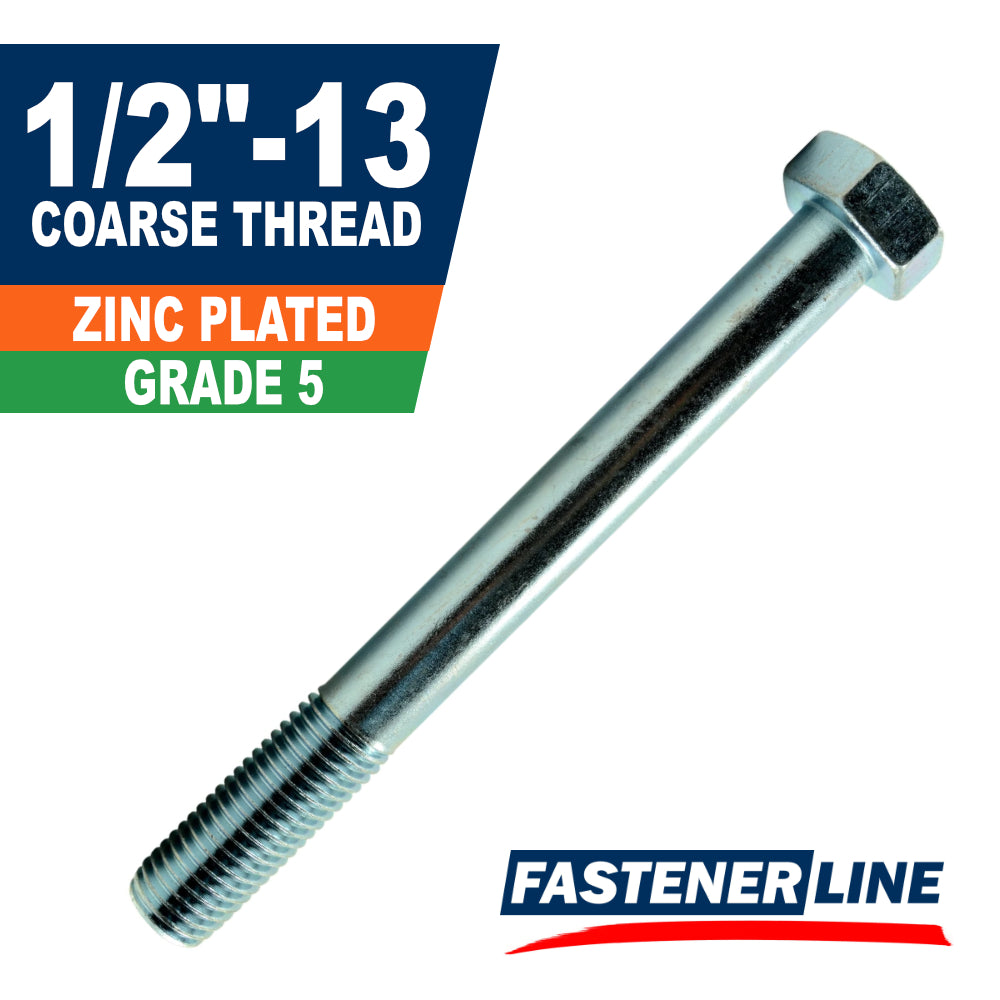 1/2"-13 Zinc Grade 5 Steel Coarse Thread Hex Bolt Cap Screws