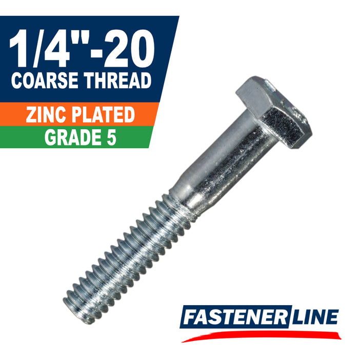 1/4"-20 Zinc Plated Grade 5 Coarse Thread Hex Bolts
