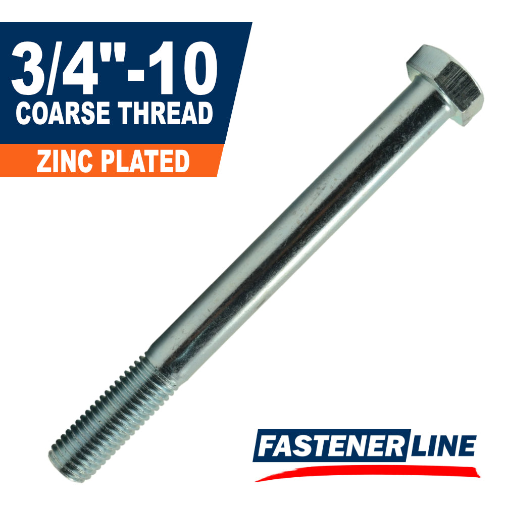 3/4"-10 Zinc Plated Steel Coarse Thread Hex Bolts