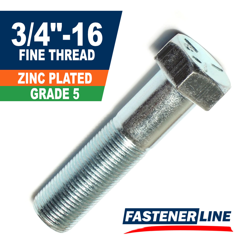 3/4"-16 Zinc Grade 5 Steel Fine Thread Hex Bolt Cap Screws