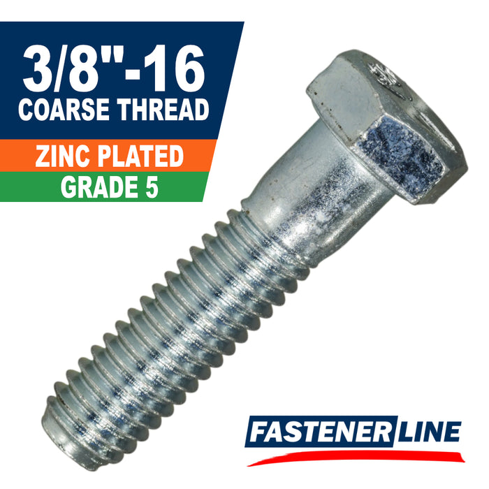 3/8"-16 Zinc Grade 5 Steel Coarse Thread Hex Bolt Cap Screws