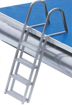 Metal ladder attached to a pontoon boat.