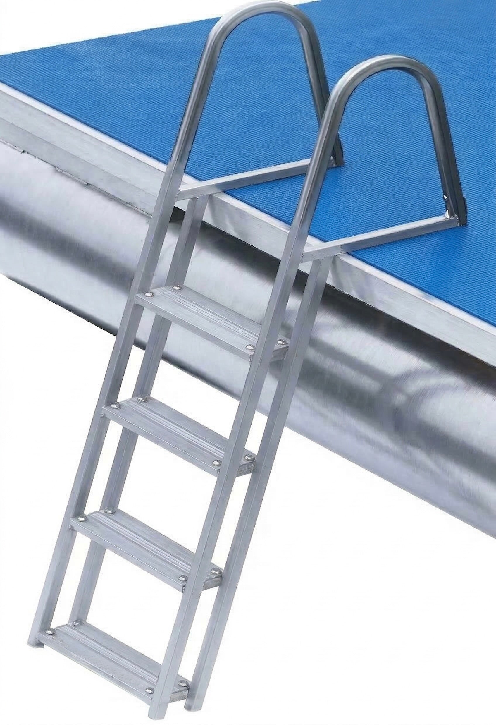 Metal ladder attached to a pontoon boat.