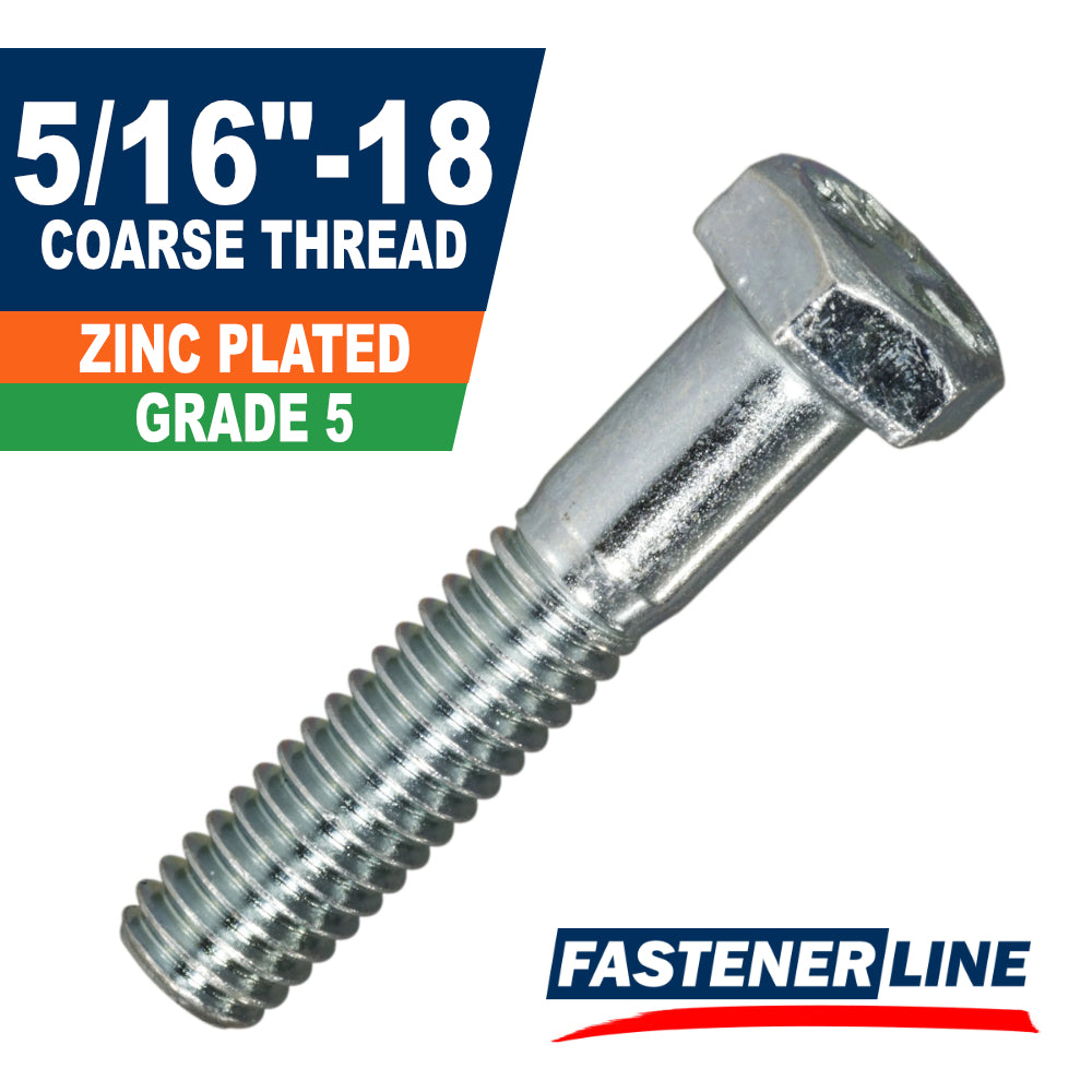 5/16-18 Zinc Grade 5 Steel Coarse Thread Hex Bolt Cap Screws