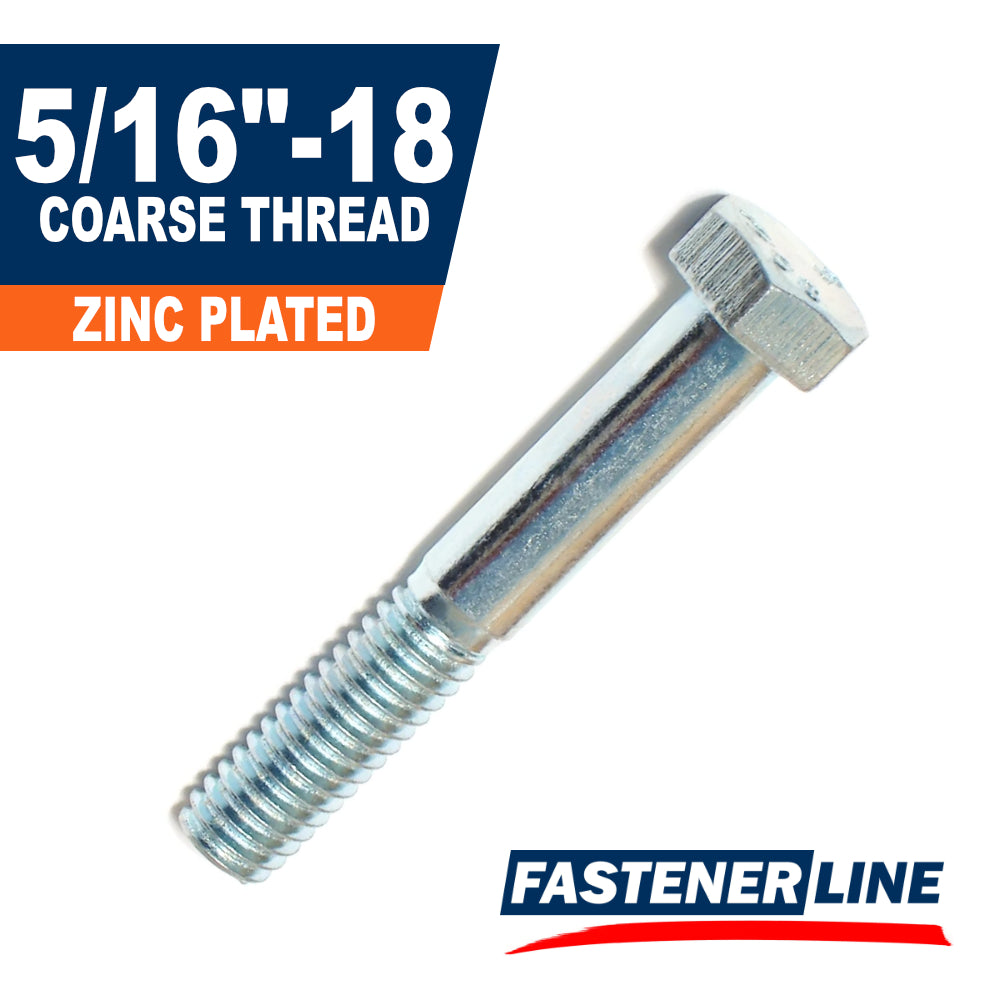 5/16"-18 Zinc Plated Steel Coarse Thread Hex Bolts
