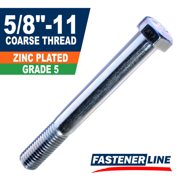 5/8"-11 Zinc Grade 5 Steel Coarse Thread Hex Bolt Cap Screws
