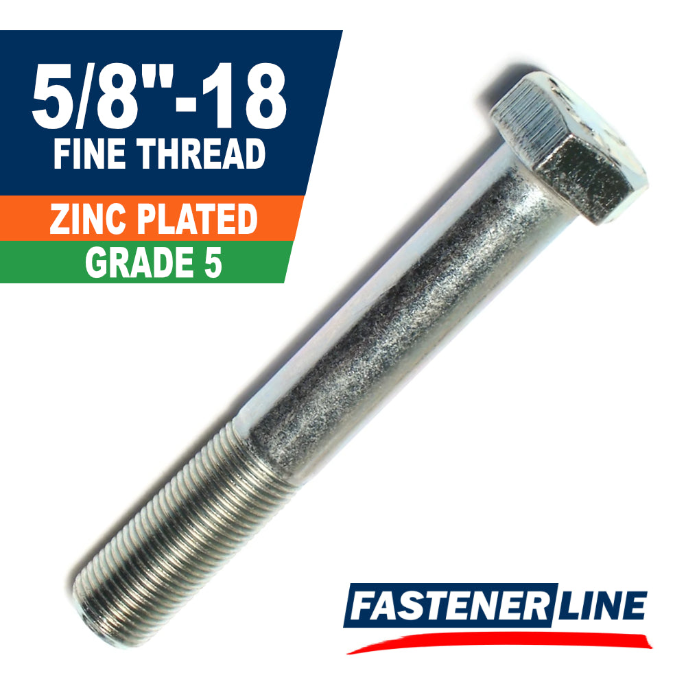 5/8"-18 Zinc Grade 5 Steel Fine Thread Hex Bolt Cap Screws