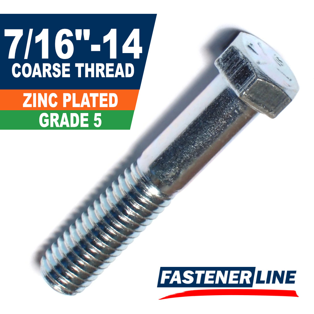 7/16"-14 Zinc Grade 5 Steel Coarse Thread Hex Bolt Cap Screws