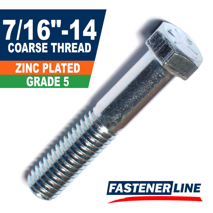 7/16"-14 Zinc Grade 5 Steel Coarse Thread Hex Bolt Cap Screws