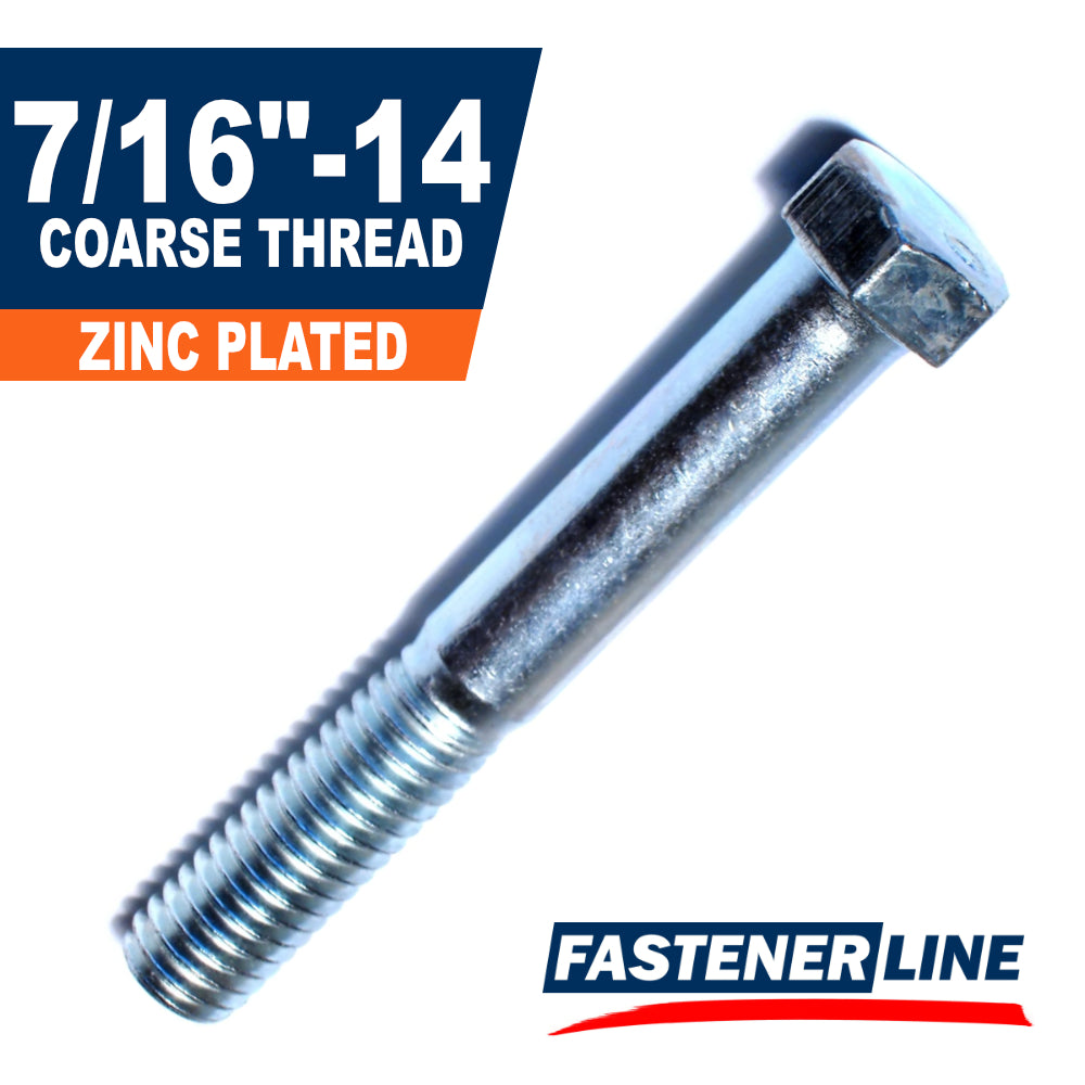 7/16"-14 Zinc Plated Steel Coarse Thread Hex Bolts