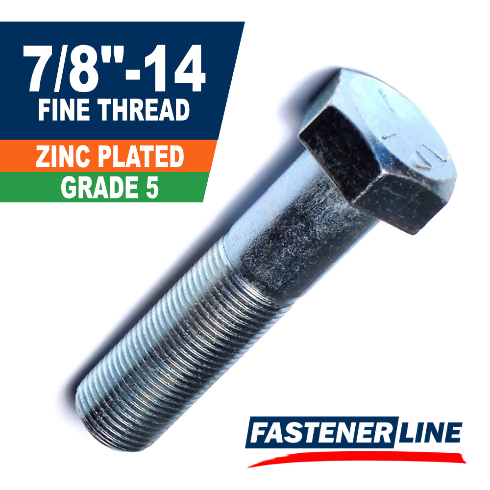 7/8"-14 Zinc Grade 5 Steel Fine Thread Hex Bolt Cap Screws