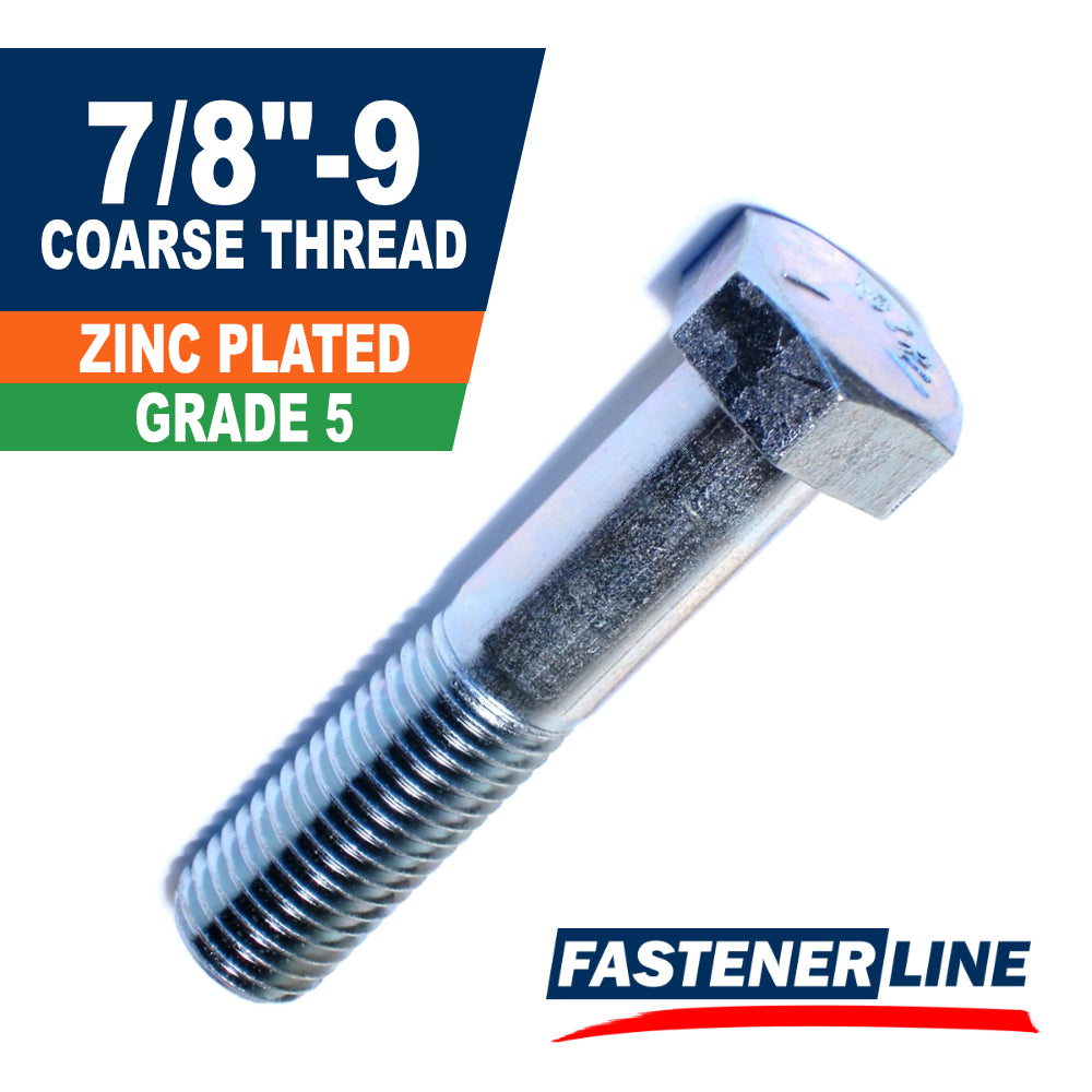 7/8"-9 Zinc Grade 5 Steel Coarse Thread Hex Bolt Cap Screws