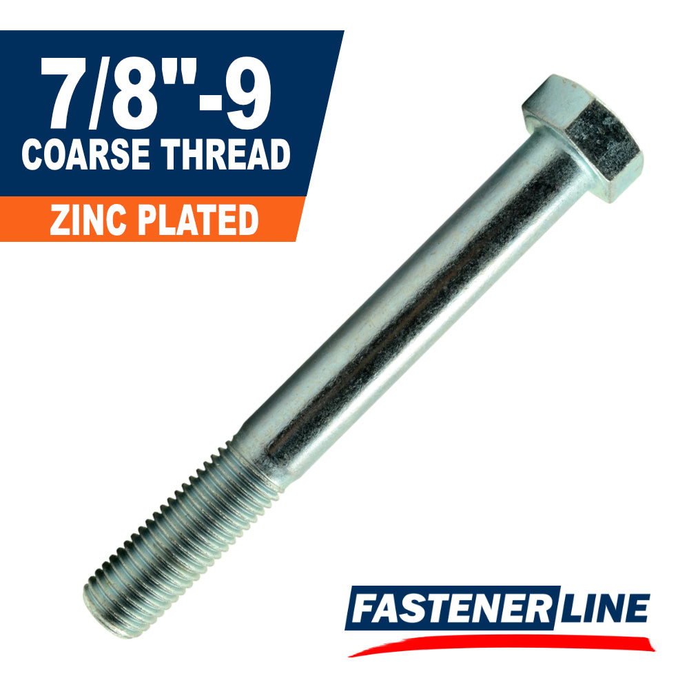 7/8"-9 Zinc Plated Steel Coarse Thread Hex Bolts