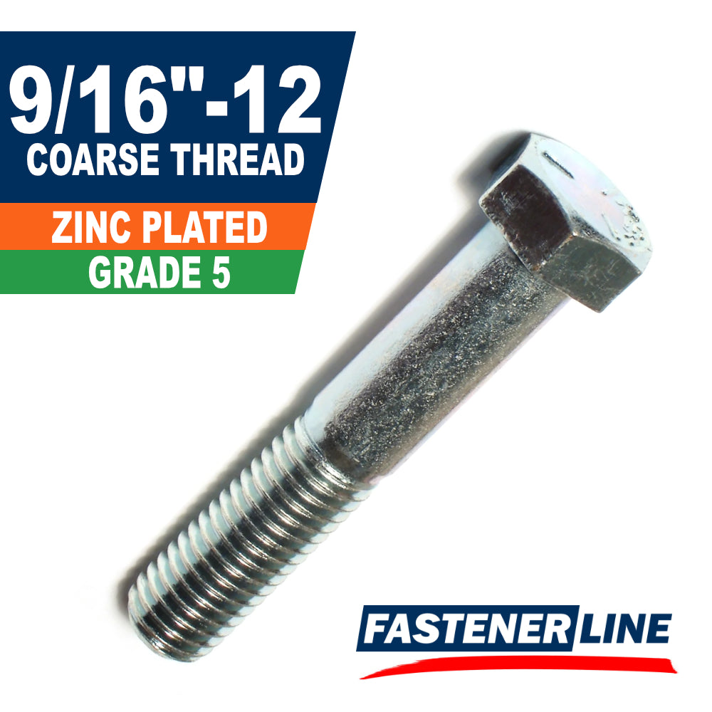 9/16"-12 Zinc Plated Grade 5 Coarse Thread Hex Bolt Cap Screws