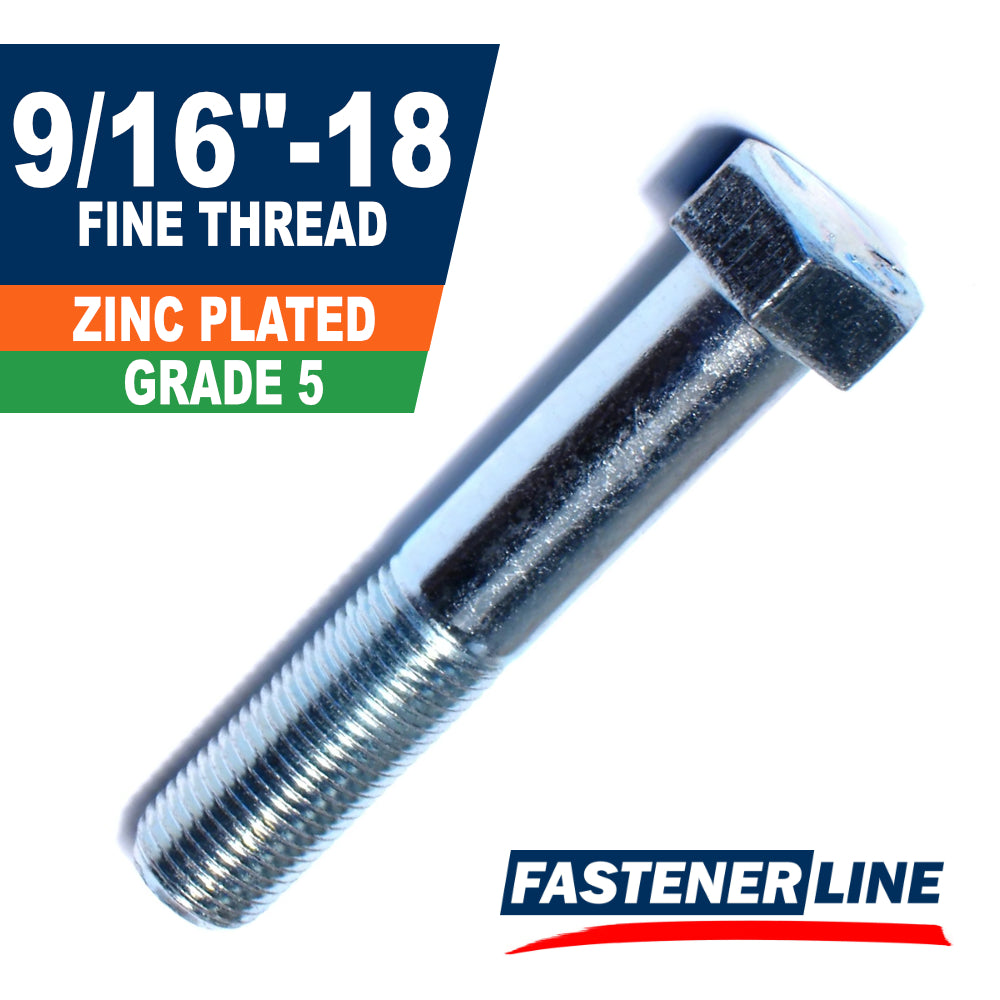 9/16"-18 Zinc Grade 5 Steel Fine Thread Hex Bolt Cap Screws