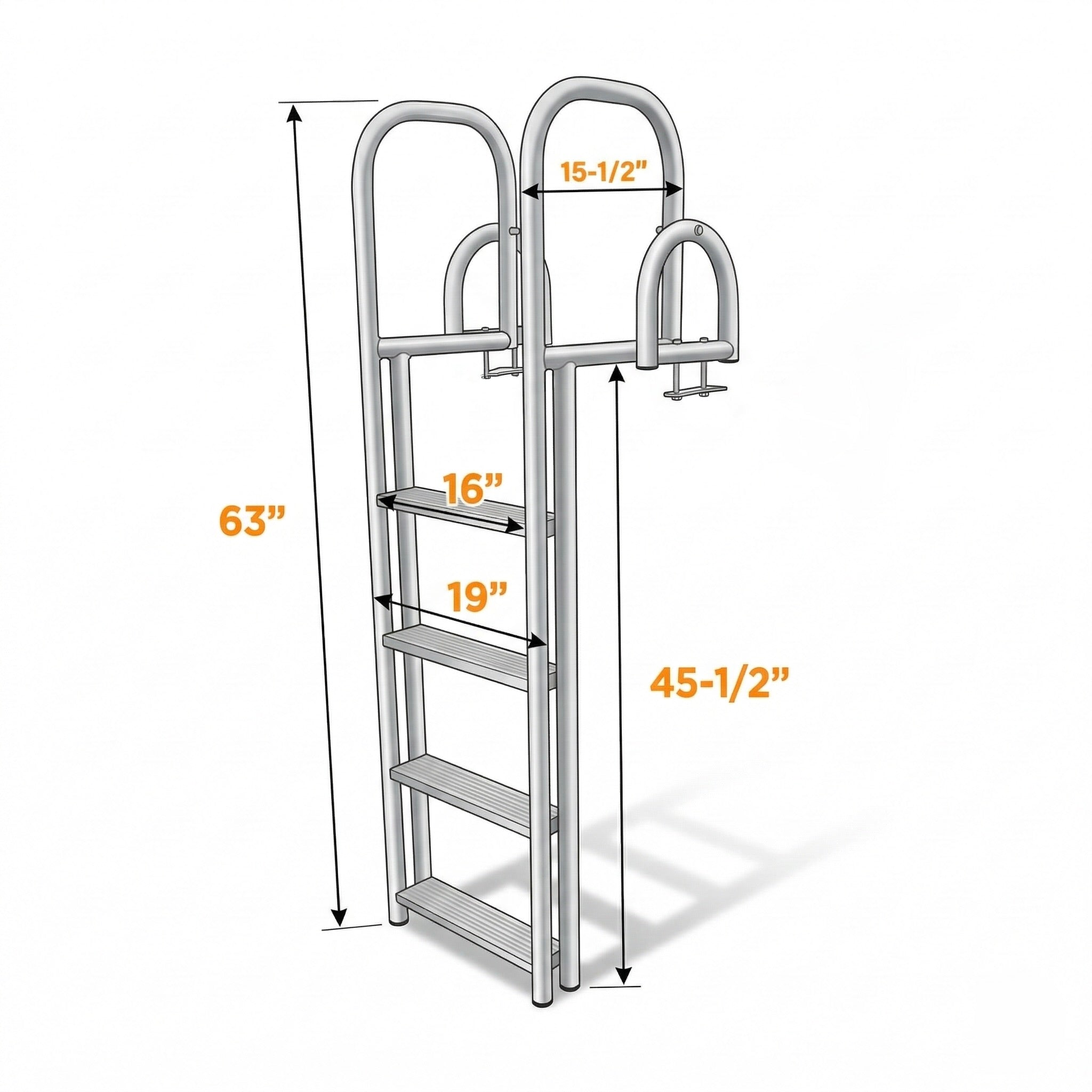 Dimensions of a metal ladder with measurements indicated on a white background