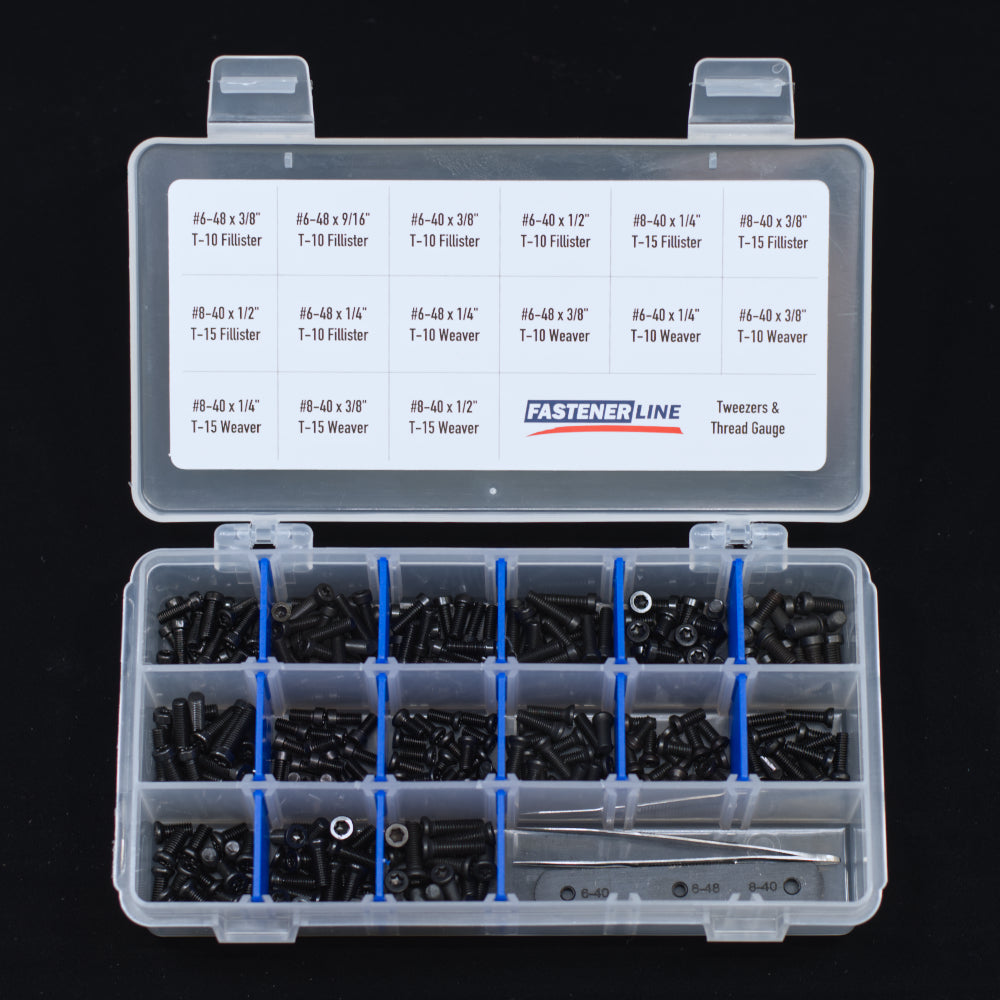 FastenerLine Torx Gun Screws Assortment with Tweezers & Thread Gauge (302 pieces)