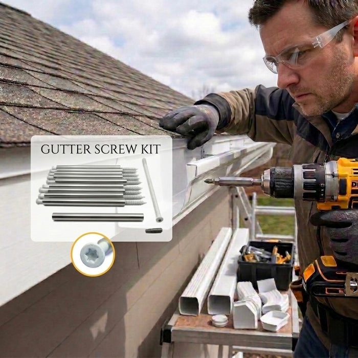 Person installing gutters with a drill, showing a gutter screw kit inset.