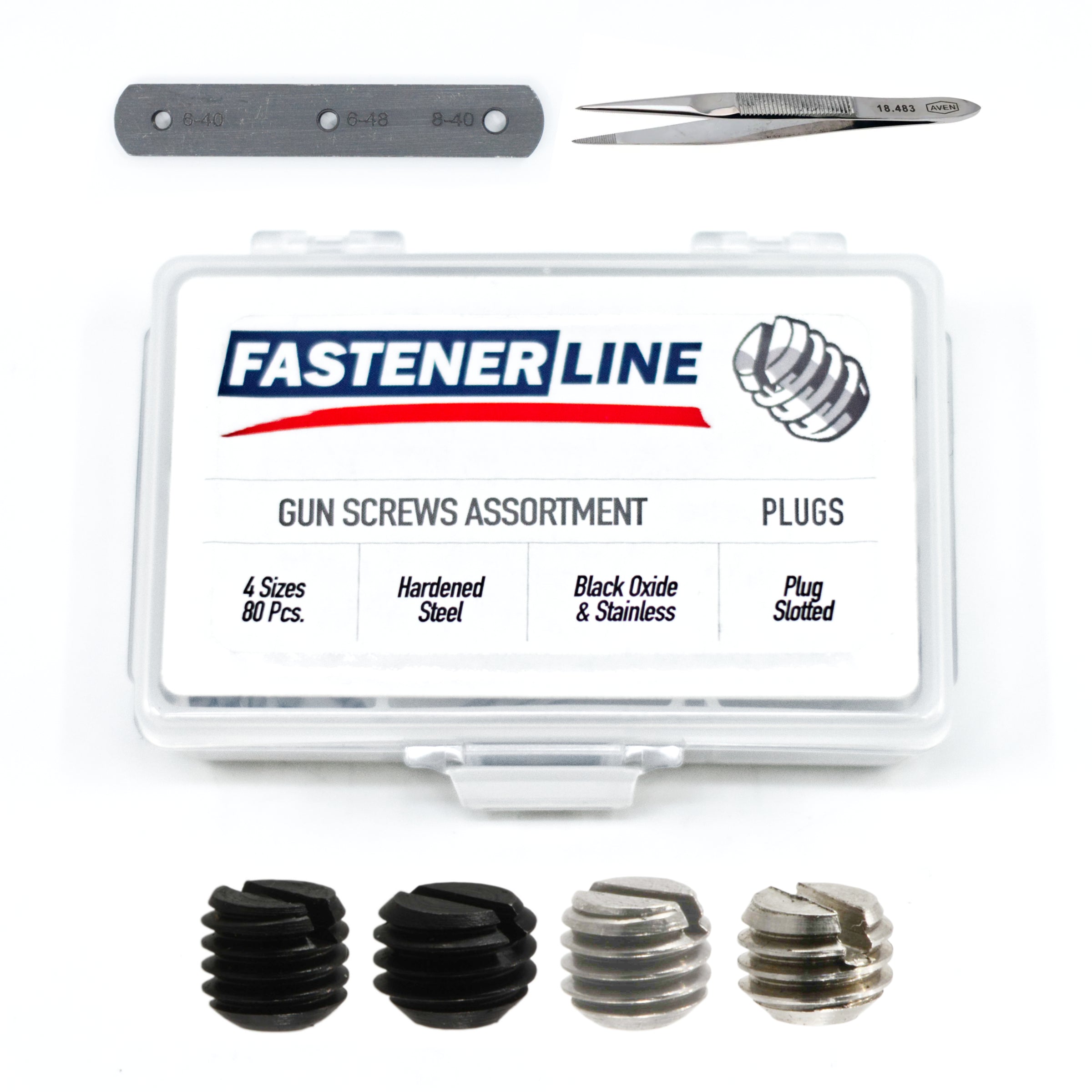 FastenerLine 82pc Slotted Gun Plug Screw Assortment - #6-48 and #8-40 (Black Oxide & Stainless)