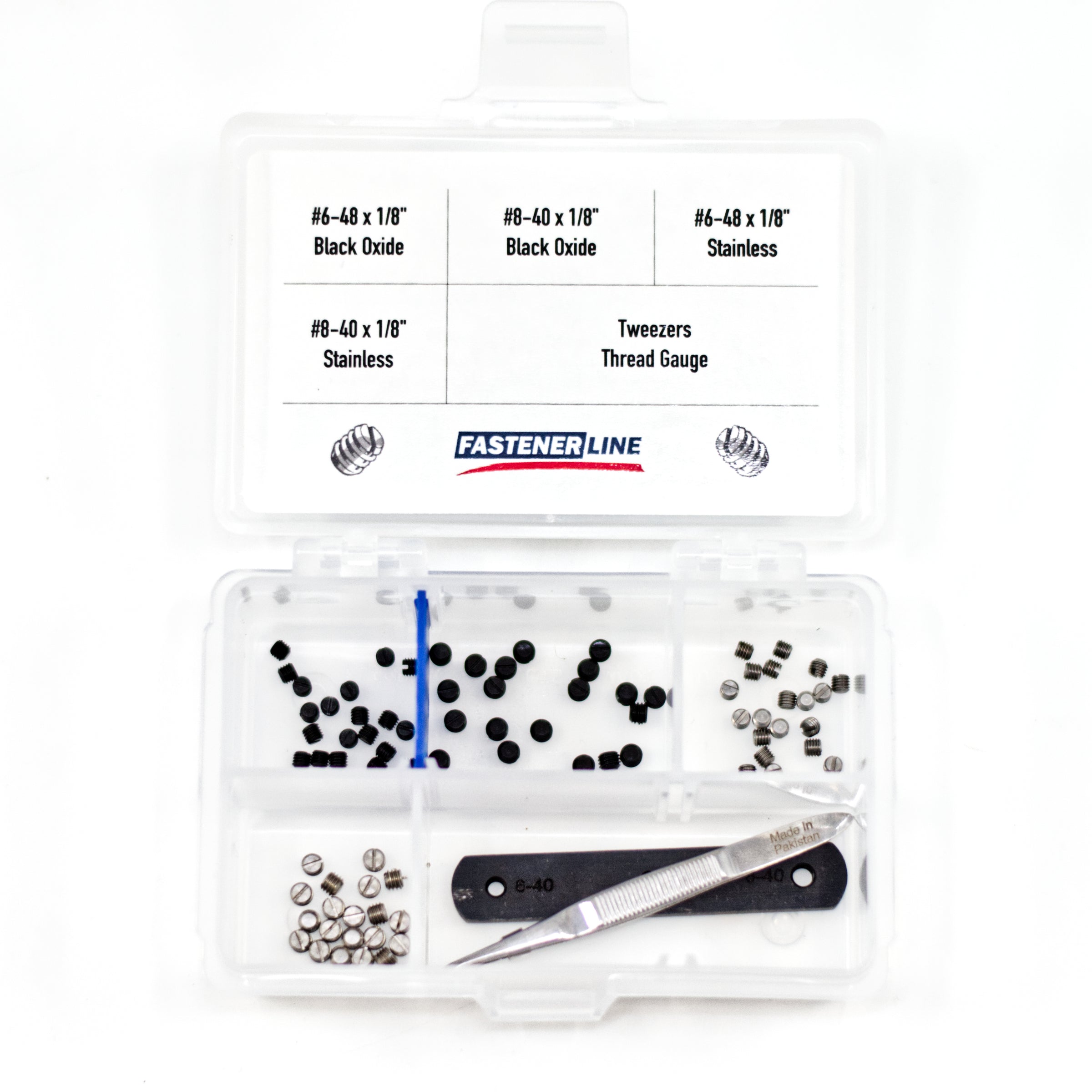 FastenerLine 82pc Slotted Gun Plug Screw Assortment - #6-48 and #8-40 (Black Oxide & Stainless)