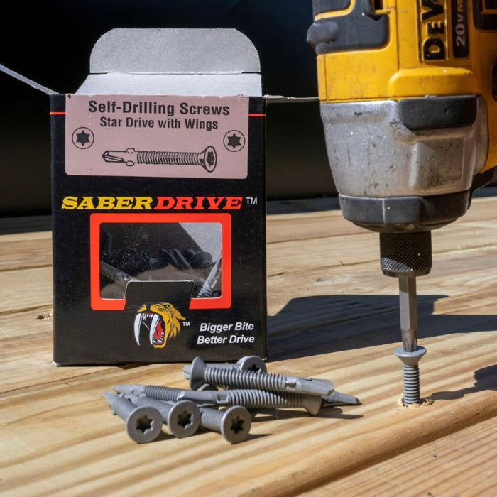 SaberDrive screw package with screws and drill on a wooden surface