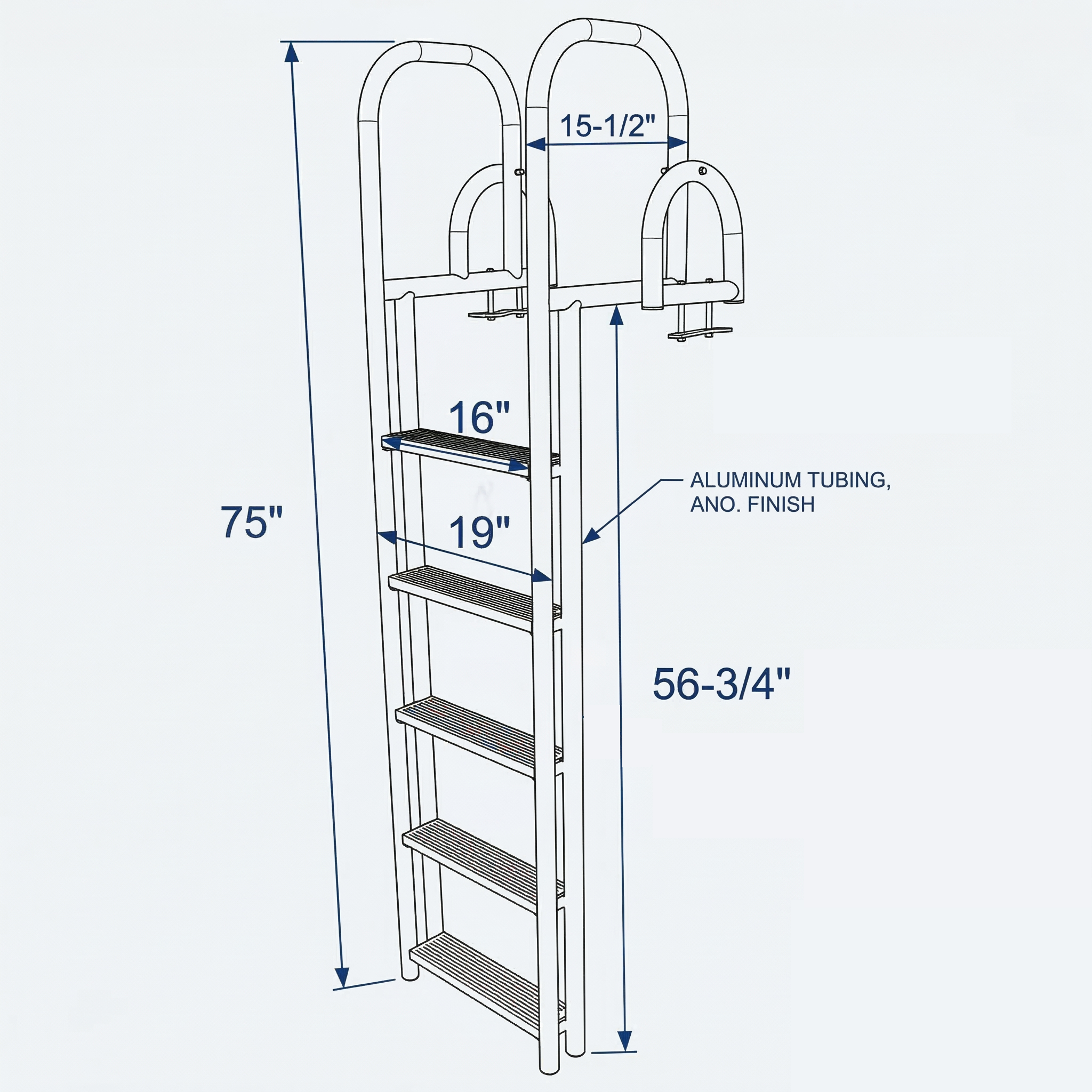 Measurement chart of a metal ladder with dimensions labeled