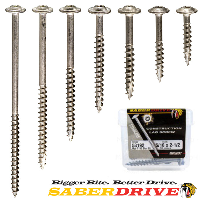 SaberDrive® Stainless Steel Star Drive Construction Lag Screws