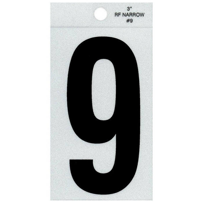 3" - 9 Straight Narrow Black Reflective Numbers