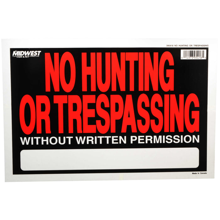 8" x 12" Red/Black Styrene Plastic "No Hunting/Trespasing" Signs