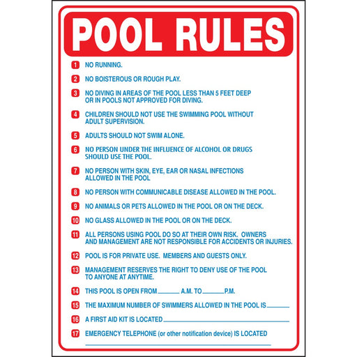 Pool Rules (North Carolina) Sign 20" x 28" (5 pcs.)