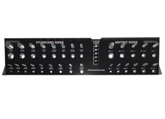 A black metal bolt gauge thread checker with standard SAE sizes on one side and metric sizes on the other, laid out on a flat surface.