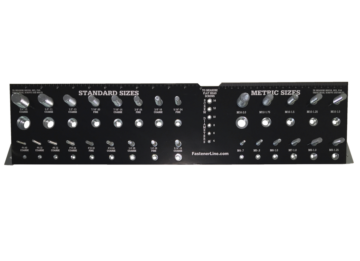 A black metal bolt gauge thread checker with standard SAE sizes on one side and metric sizes on the other, laid out on a flat surface.