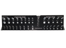 A black metal bolt gauge thread checker with standard SAE sizes on one side and metric sizes on the other, laid out on a flat surface.